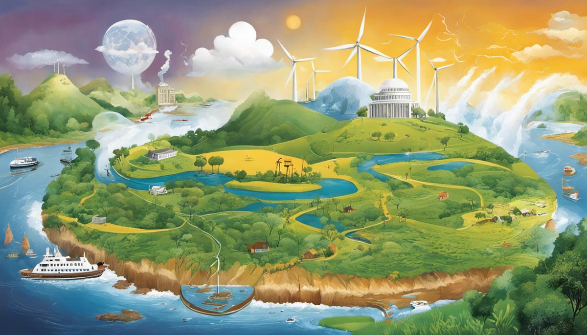 Illustration of various solutions to global warming, such as renewable energy sources, CO2 sequestration, political measures, and adaptation efforts.