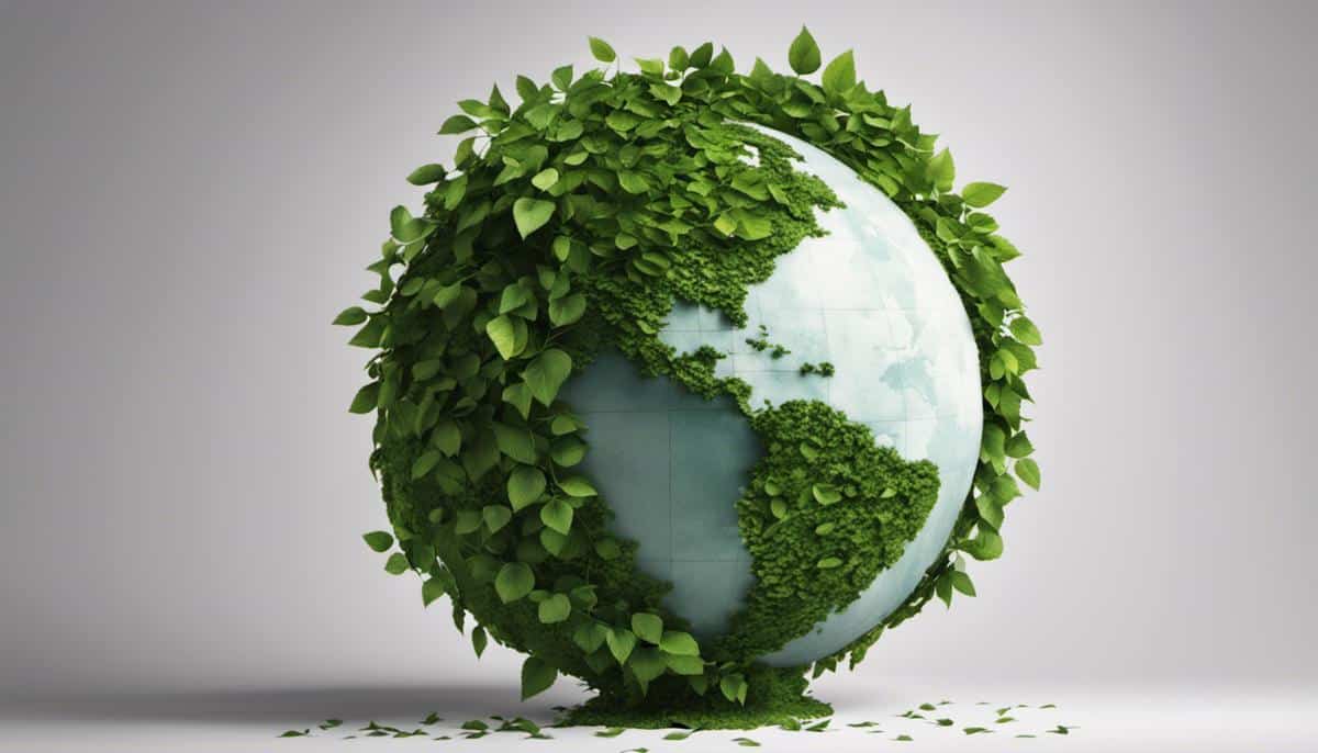 Illustration of a globe covered in green leaves to represent the concept of